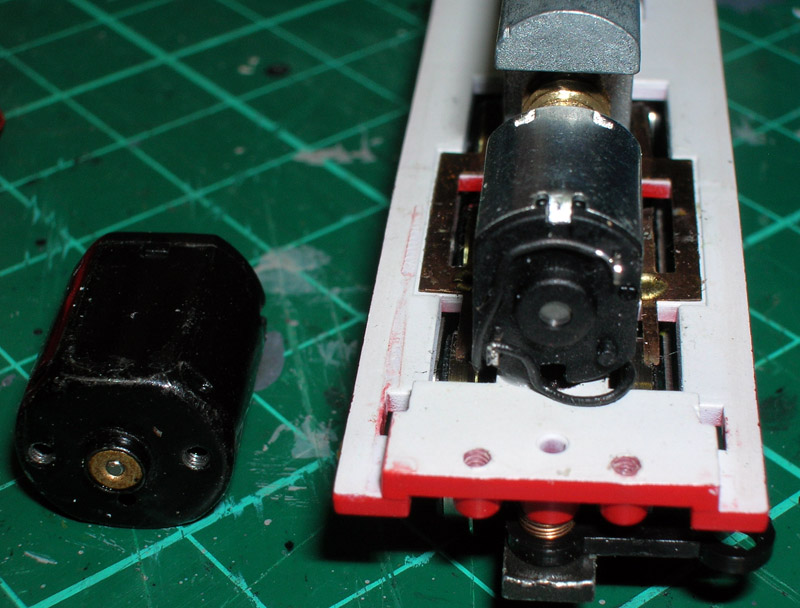 End view of the new motor glued in place and wired up.