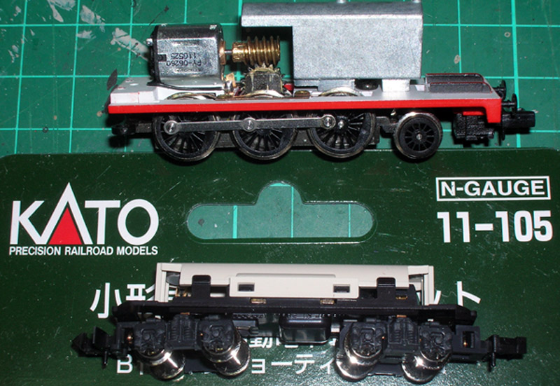 Kato chassis 11-105, also shows the motor from this chassis mounted onto Tomix Thomas.
